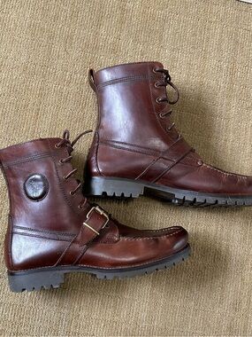 Vintage Style Polo Ralph Lauren Brown Leather Combat Moto Boots Mens 10.5